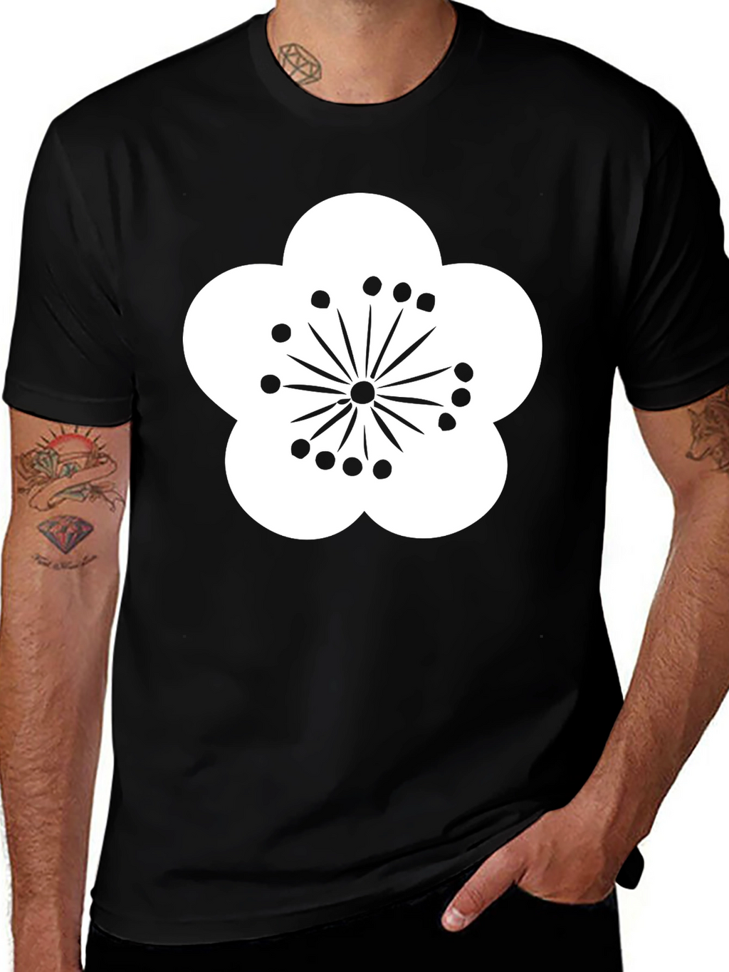 Black T-Shirt with White Flower Design