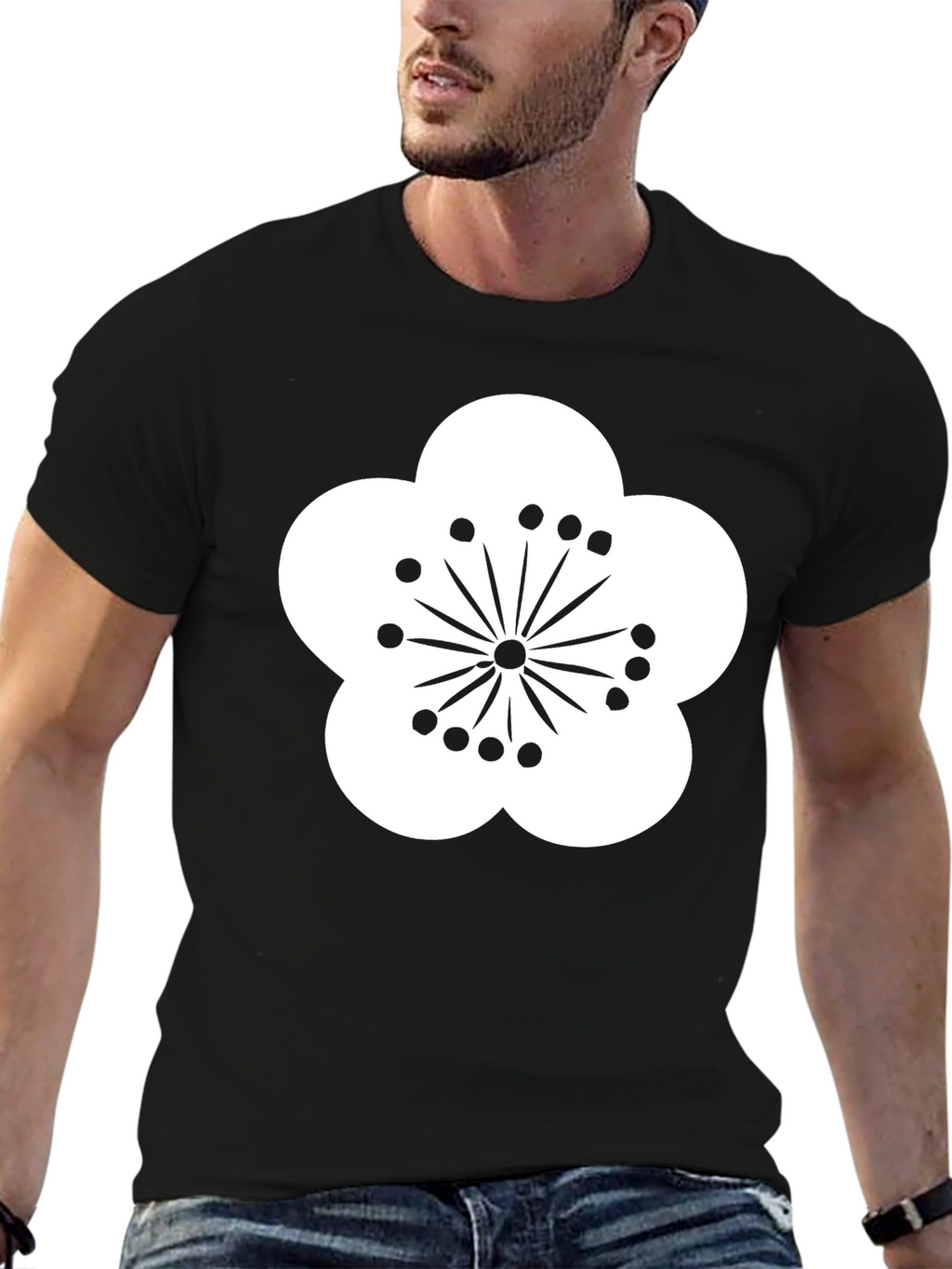 Black T-Shirt with White Flower Design
