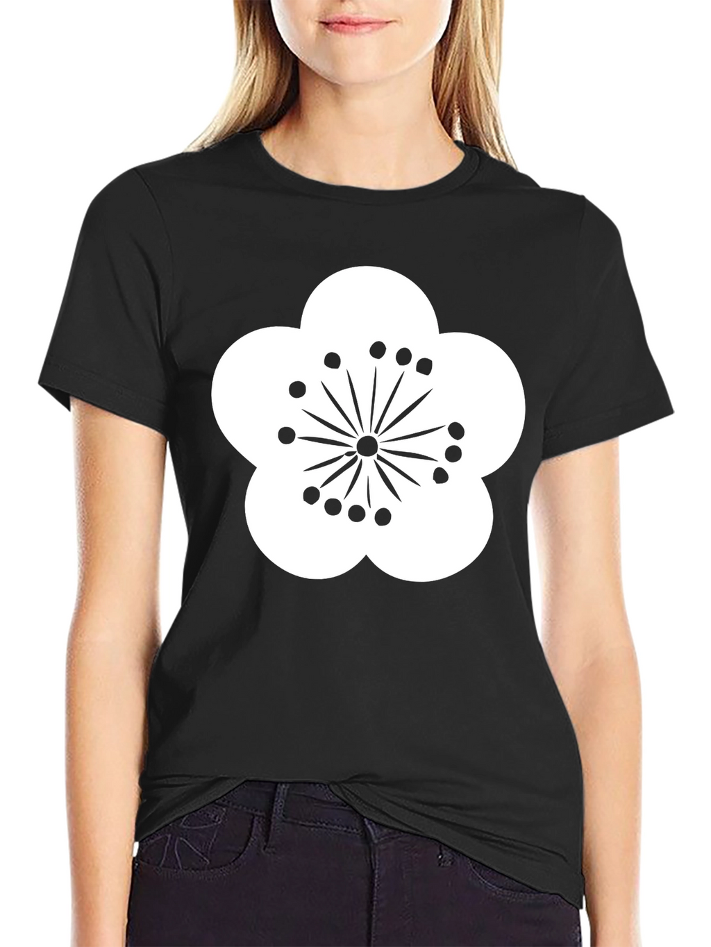 Black T-Shirt with White Flower Design