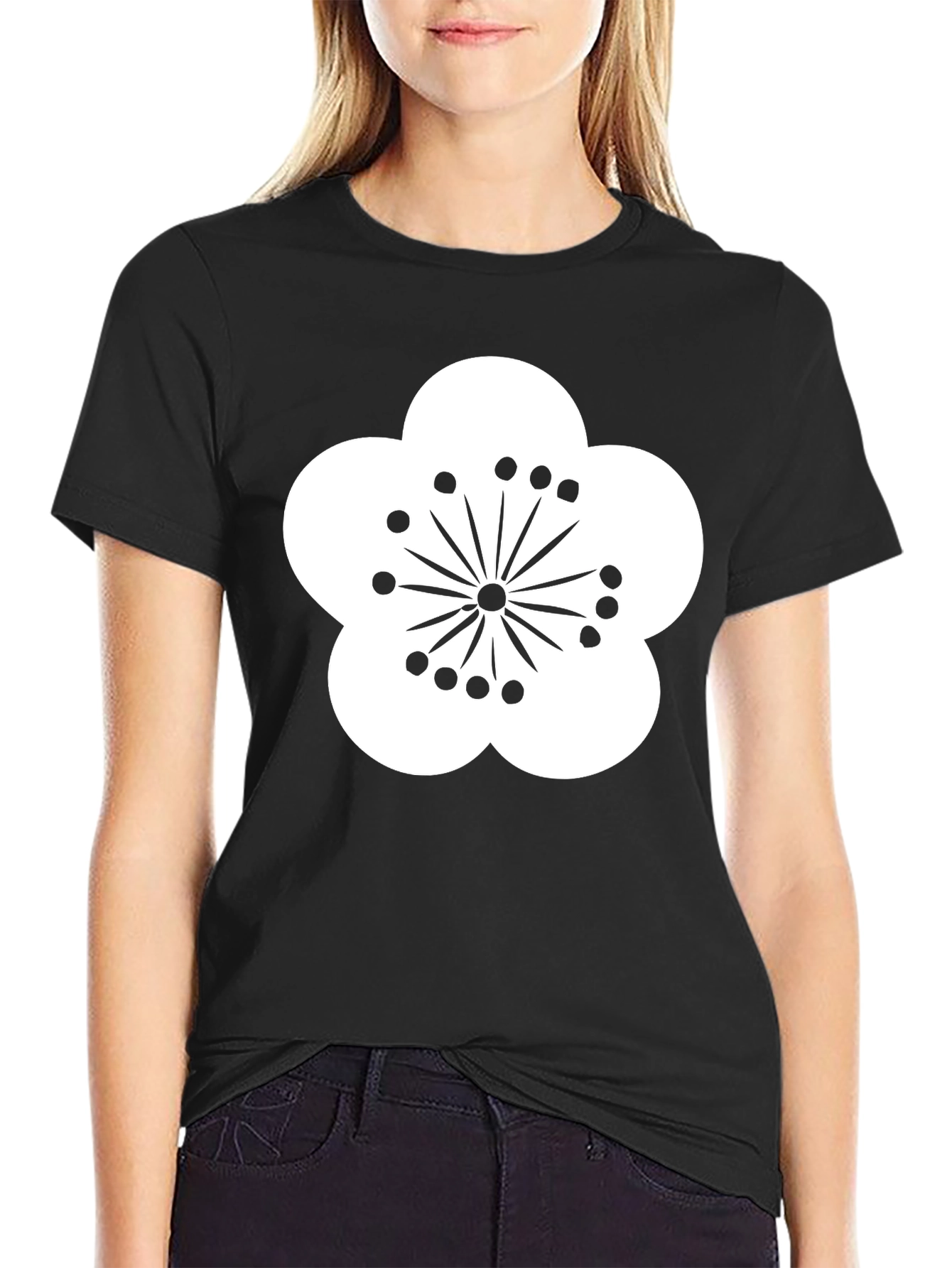 Black T-Shirt with White Flower Design