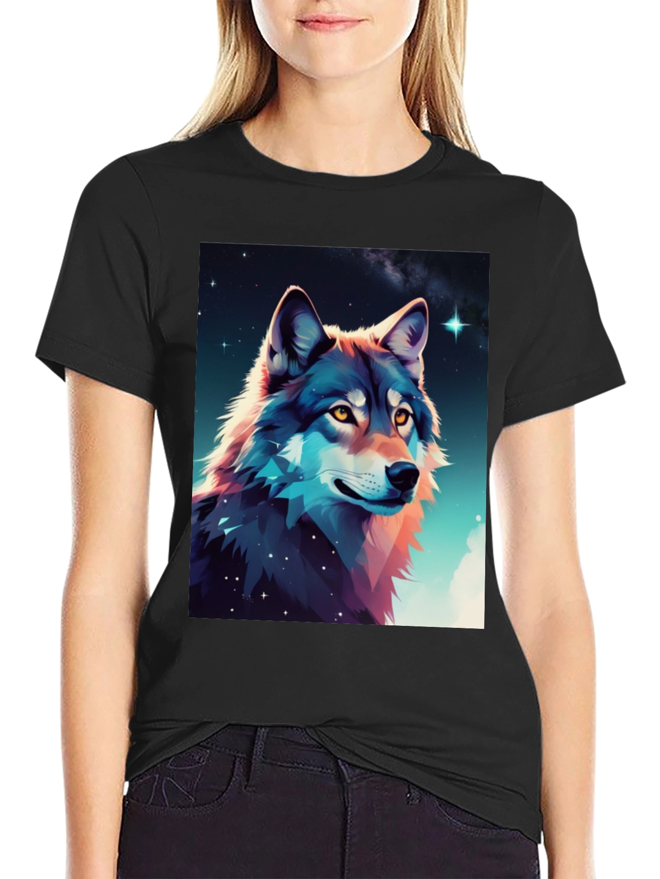 Wolf Galaxy Graphic Tee - Black Cotton Blend