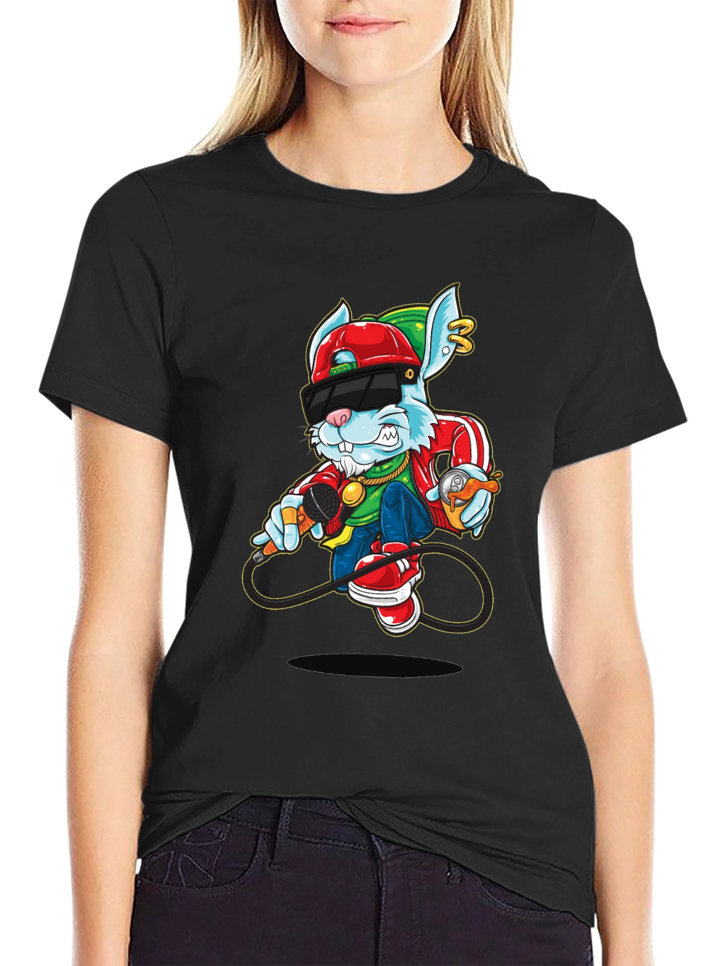 Cool Cartoon Rabbit Graphic Black T-Shirt