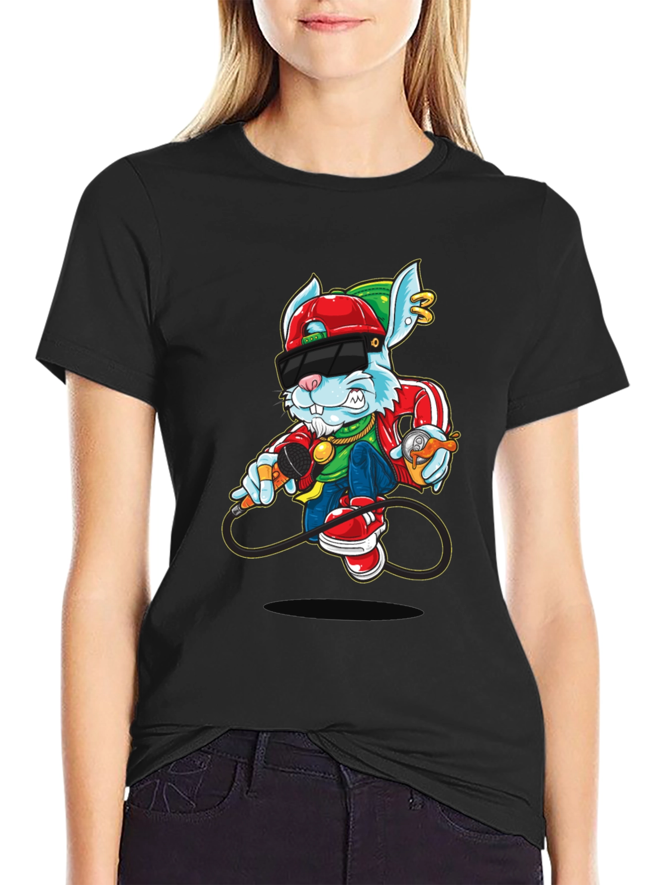 Cool Cartoon Rabbit Graphic Black T-Shirt