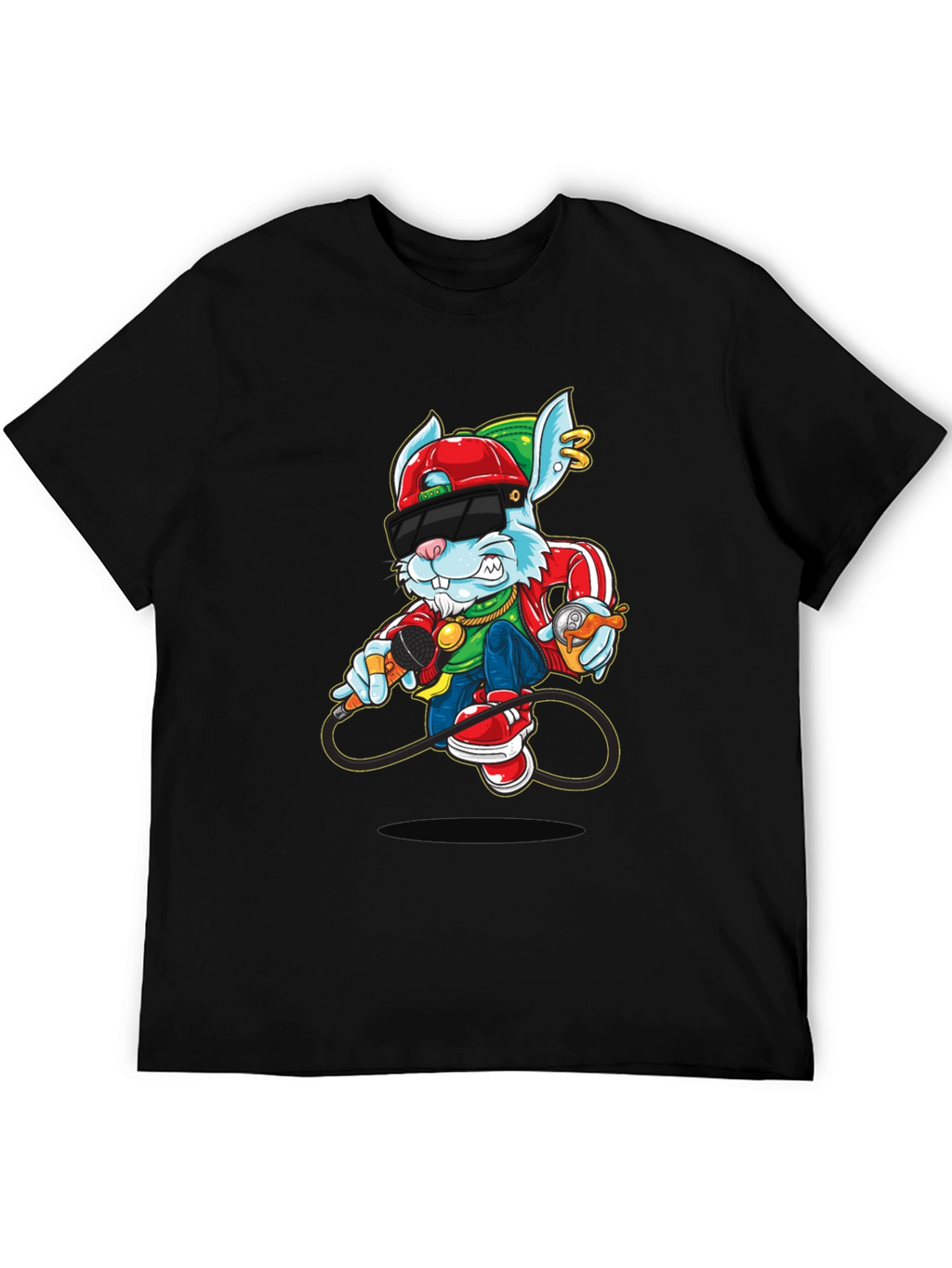 Cool Cartoon Rabbit Graphic Black T-Shirt