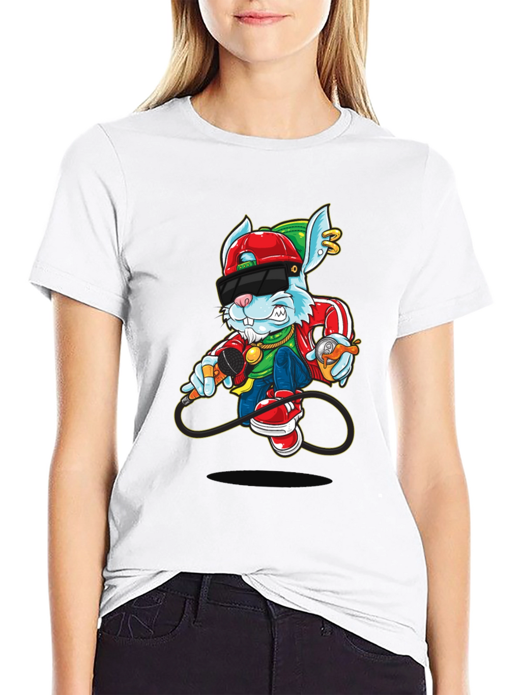 Cool Cartoon Rabbit Graphic Black T-Shirt