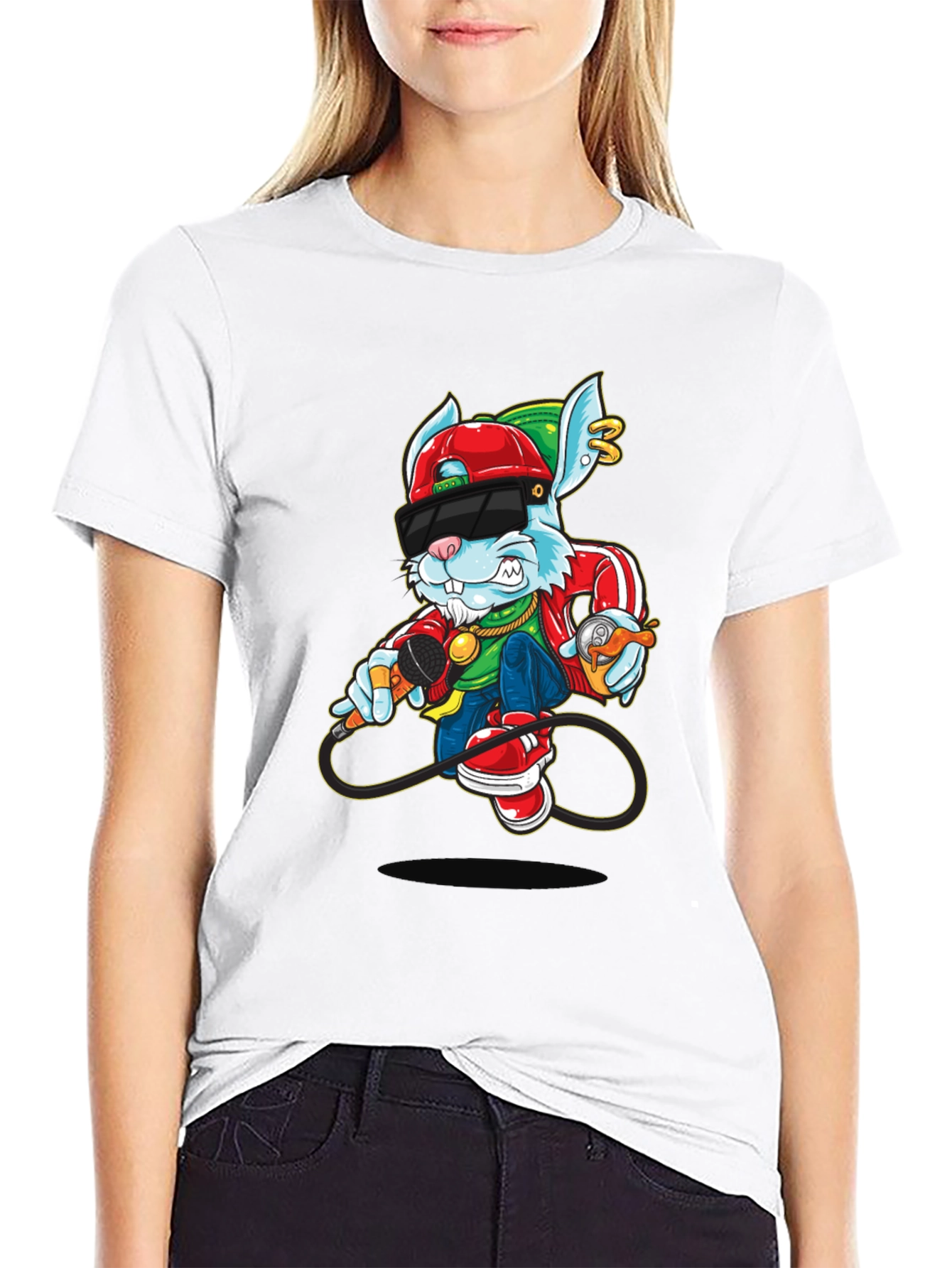 Cool Cartoon Rabbit Graphic Black T-Shirt