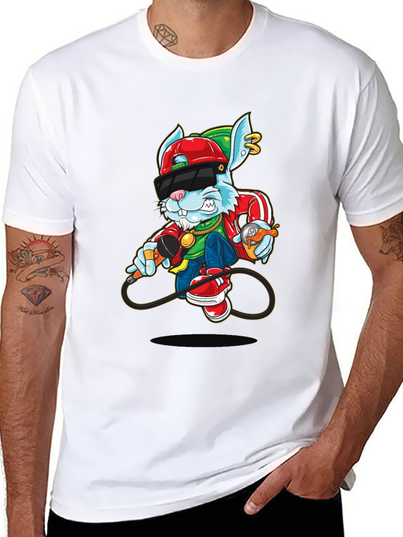 Cool Cartoon Rabbit Graphic Black T-Shirt