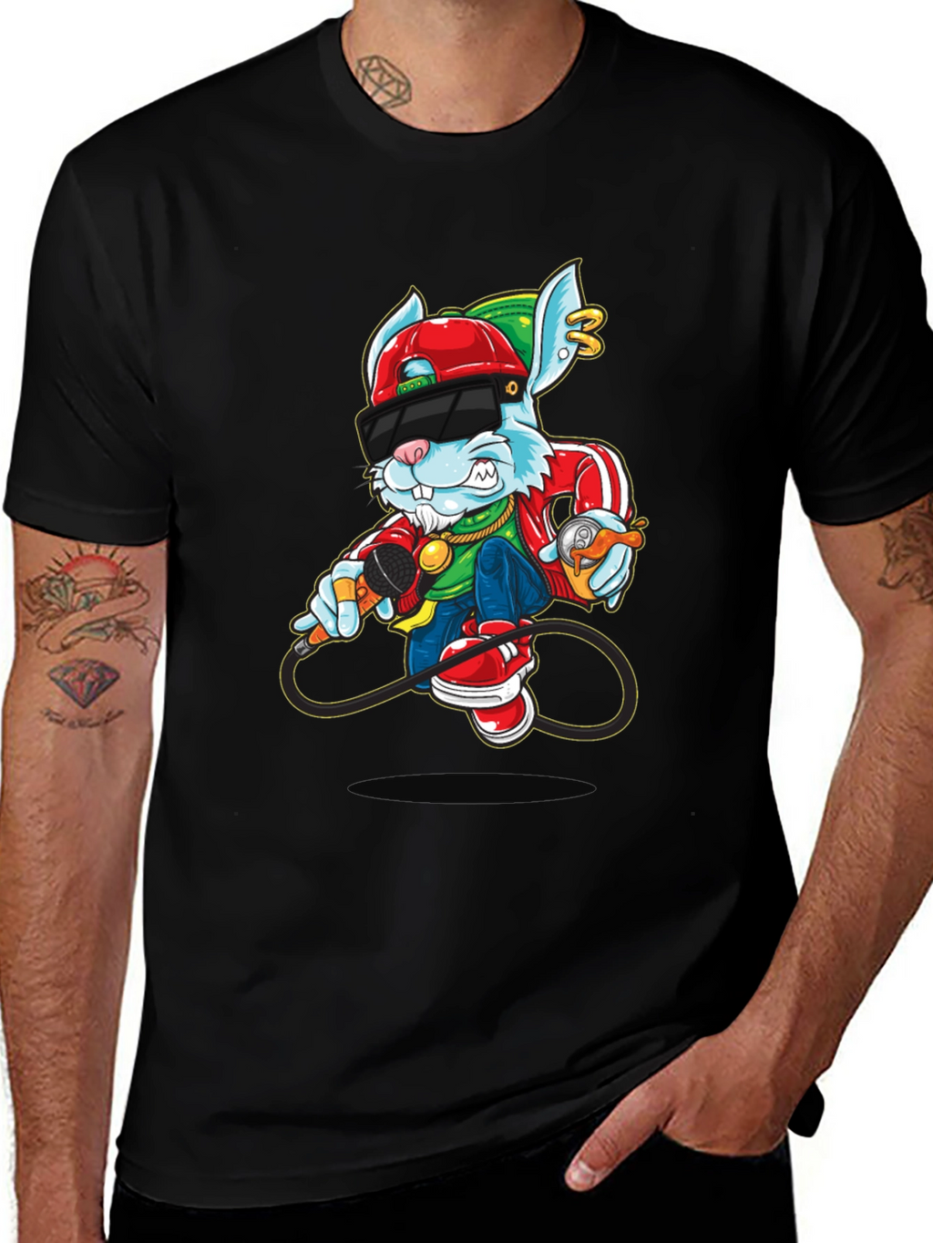 Cool Cartoon Rabbit Graphic Black T-Shirt
