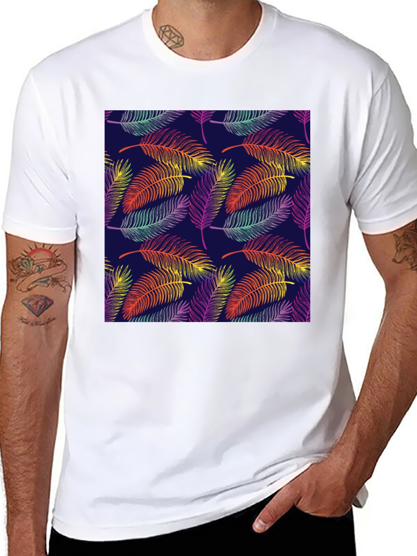 Tropical Leaf Pattern Black T-Shirt