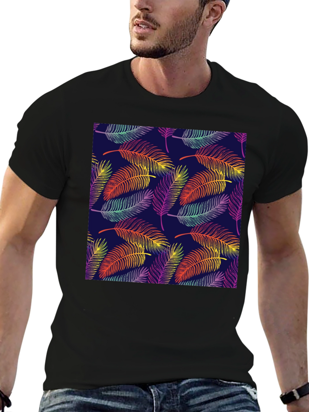 Tropical Leaf Pattern Black T-Shirt