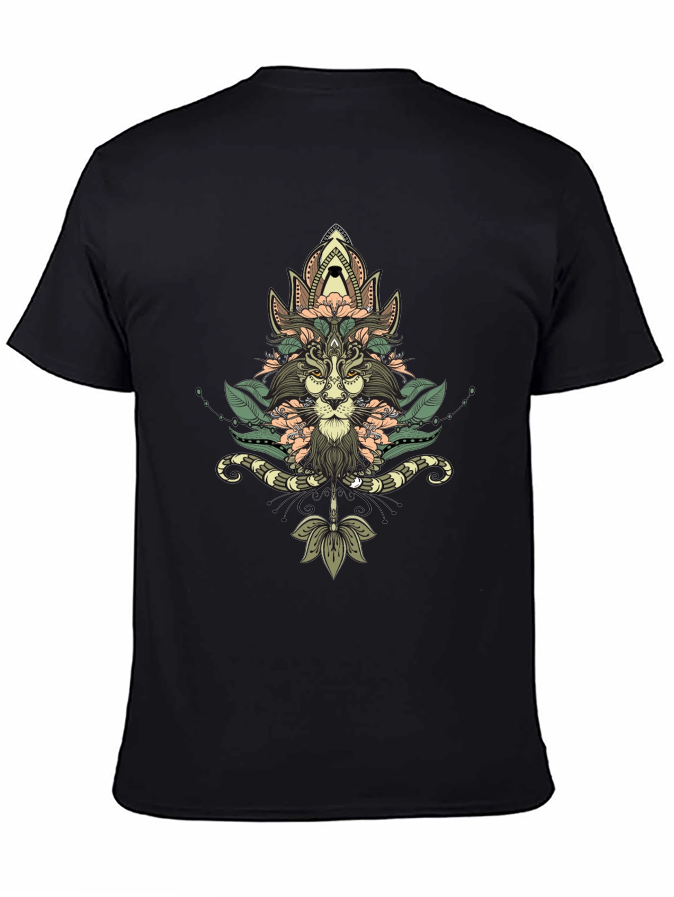 Floral Lion Graphic Black T-Shirt