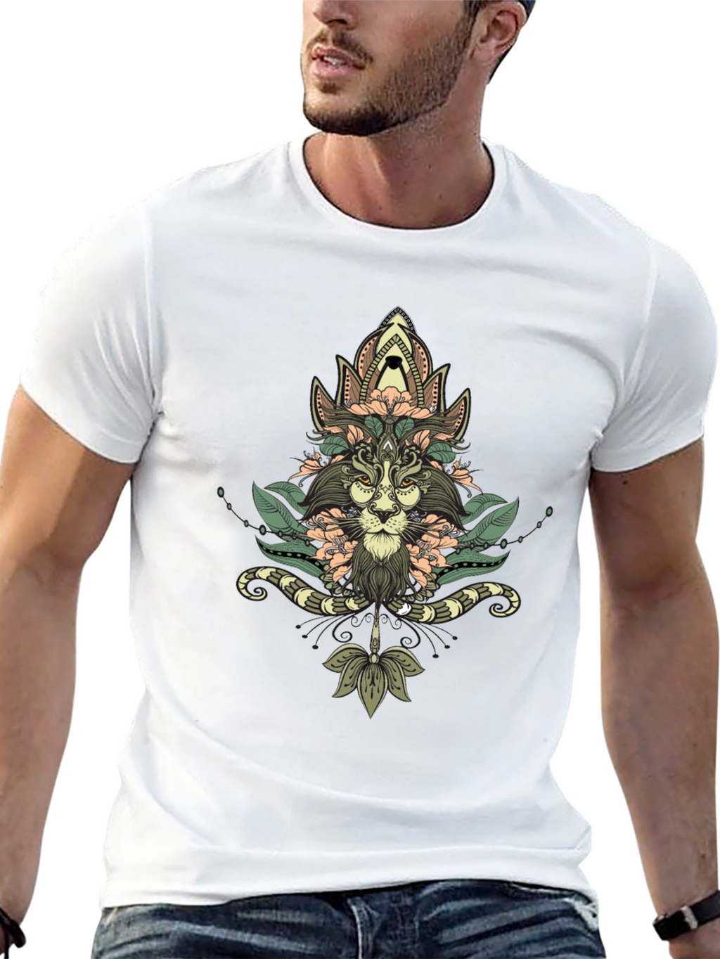 Floral Lion Graphic Black T-Shirt