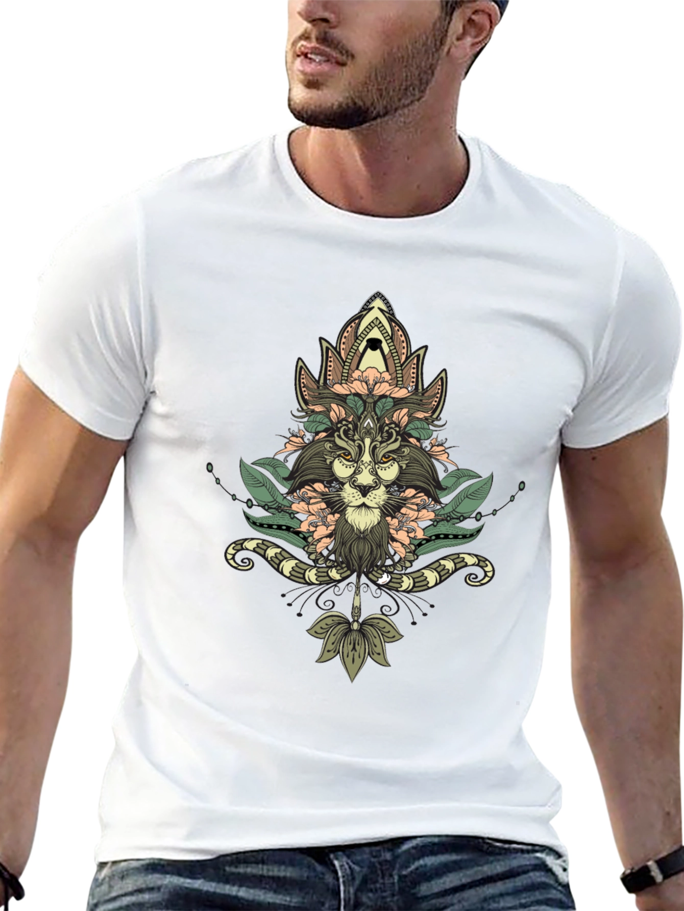 Floral Lion Graphic Black T-Shirt