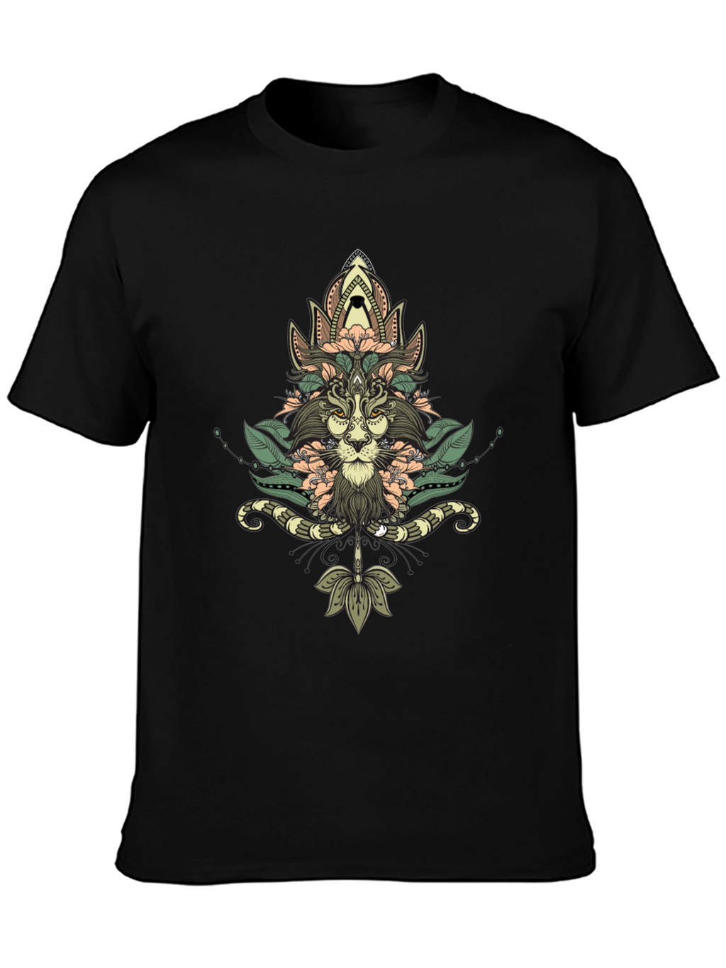 Floral Lion Graphic Black T-Shirt