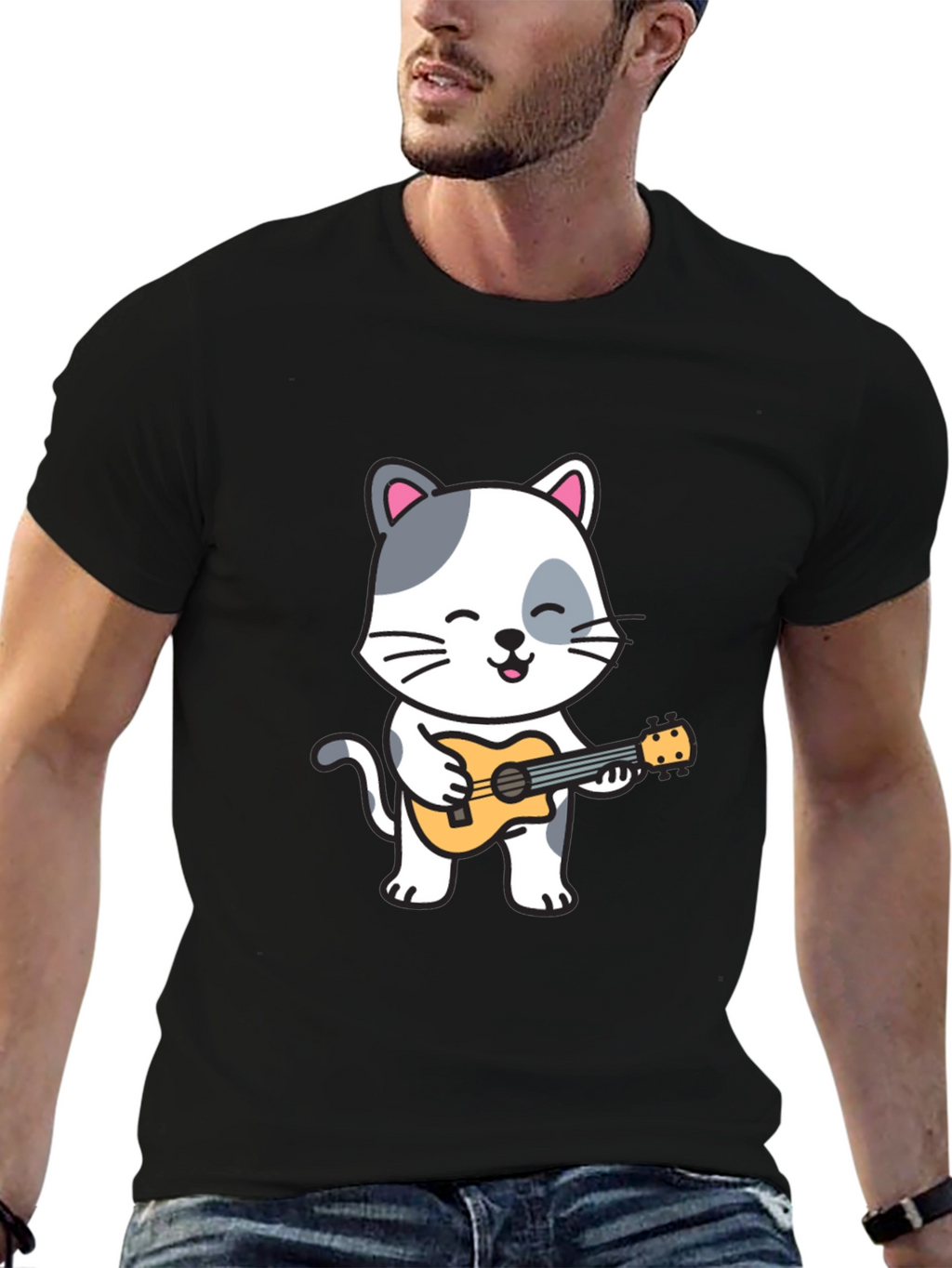 Cat Playing Ukulele Graphic T-Shirt