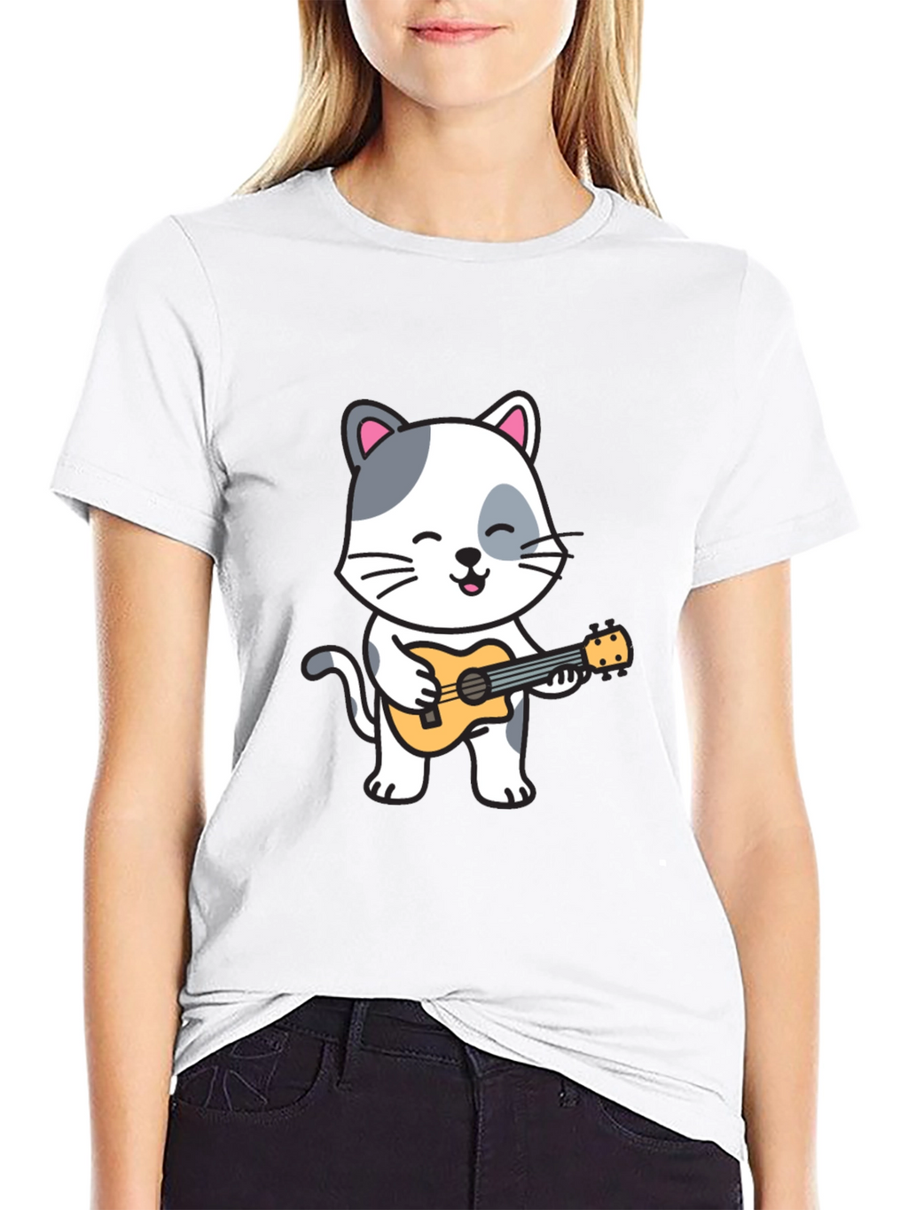Cat Playing Ukulele Graphic T-Shirt