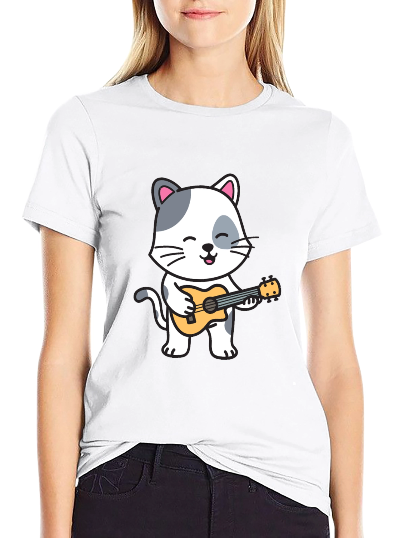 Cat Playing Ukulele Graphic T-Shirt