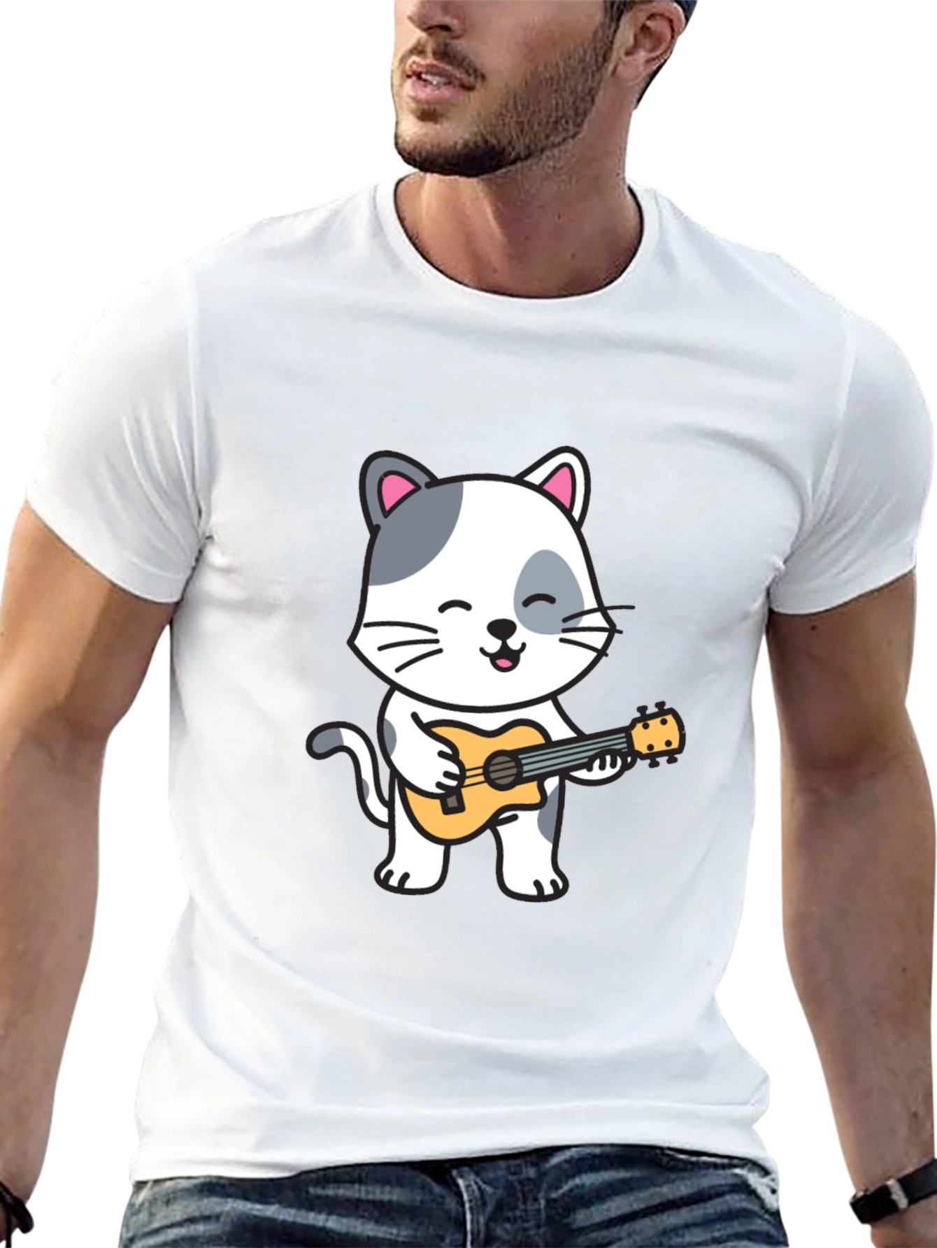 Cat Playing Ukulele Graphic T-Shirt