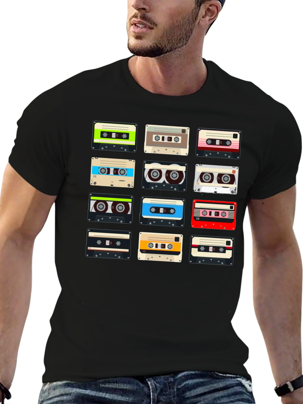 Retro Cassette Tape Pattern T-Shirt