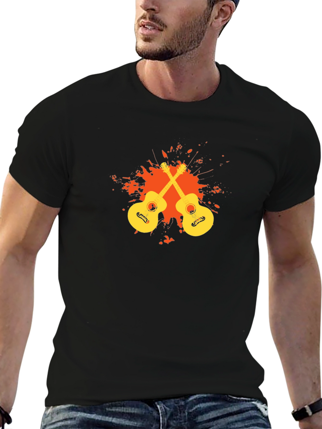 Black T-Shirt with Guitar Graphic
