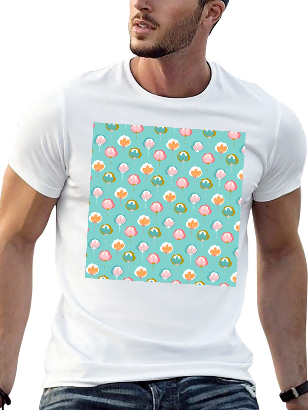 Floral Print T-Shirt - Soft Blue Background