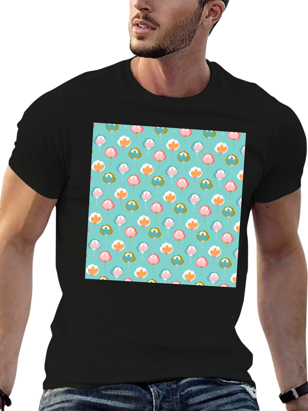 Floral Print T-Shirt - Soft Blue Background