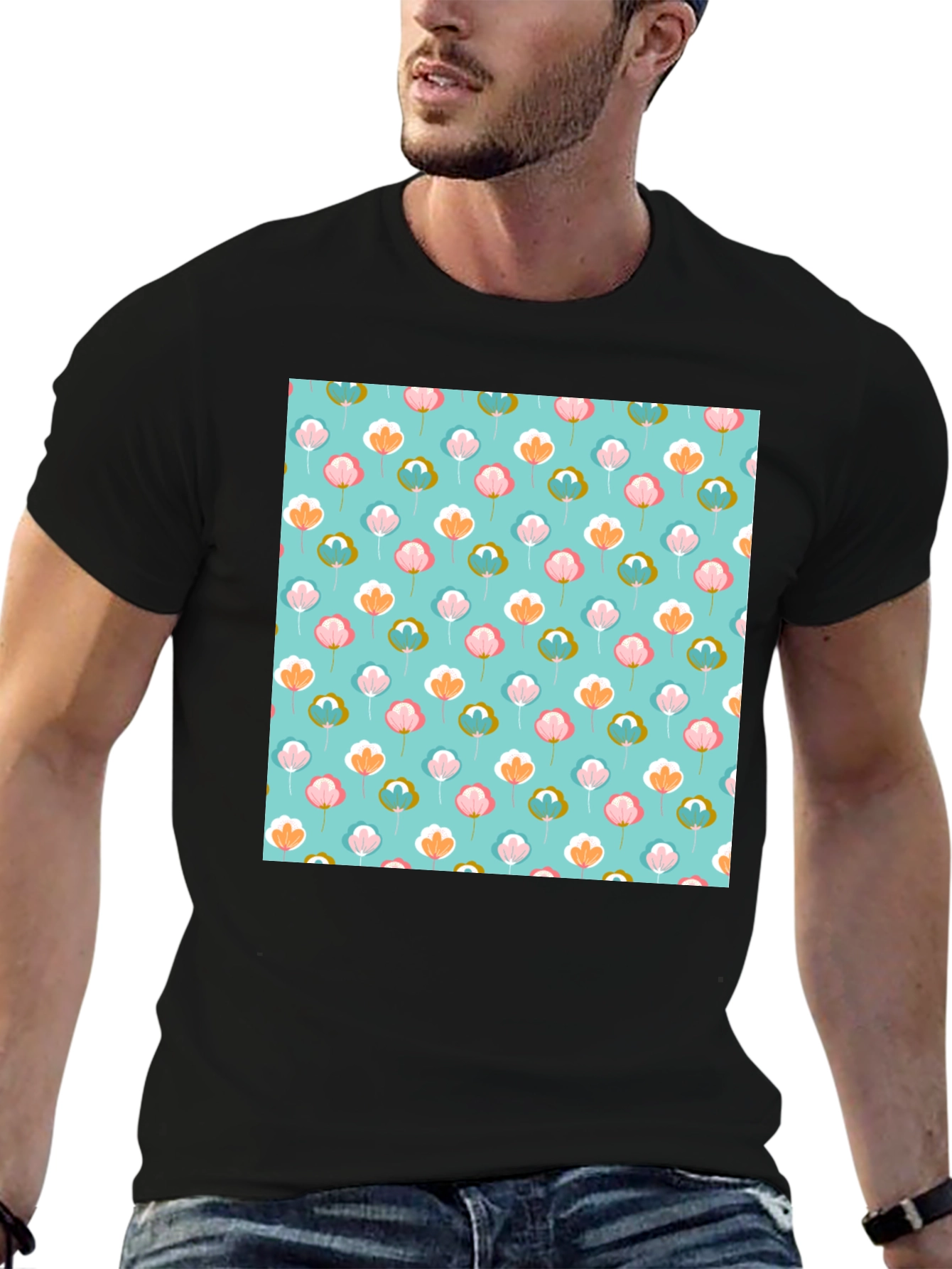 Floral Print T-Shirt - Soft Blue Background
