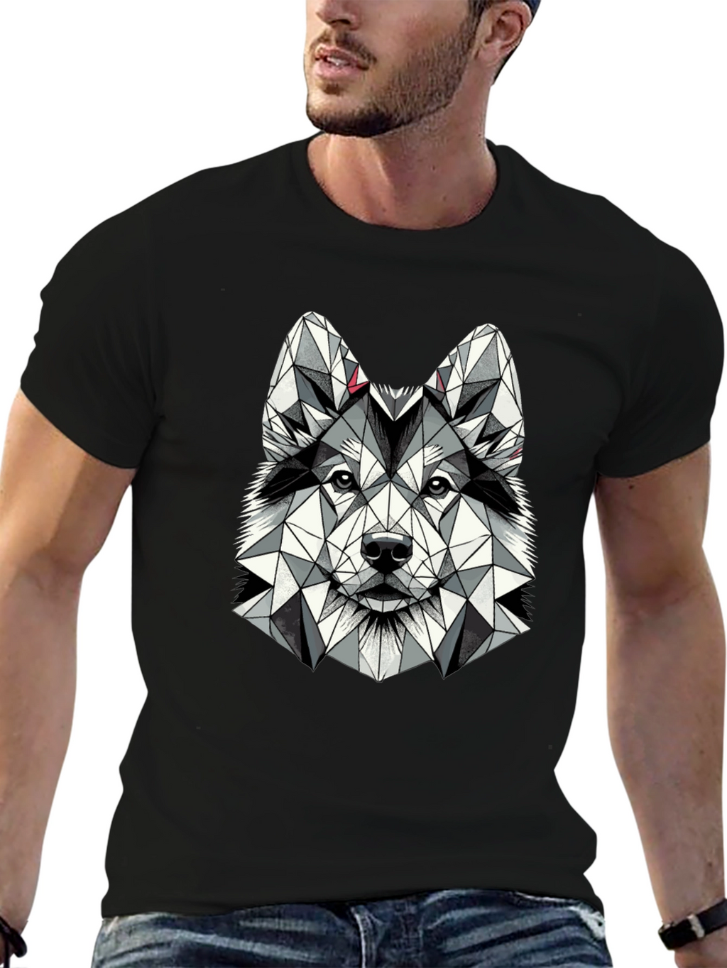 Geometric Husky Graphic Tee - Black Short Sleeve