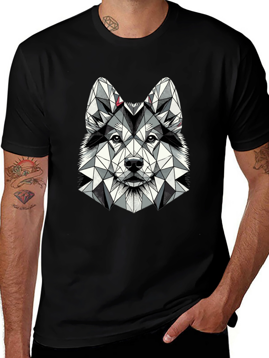 Geometric Husky Graphic Tee - Black Short Sleeve