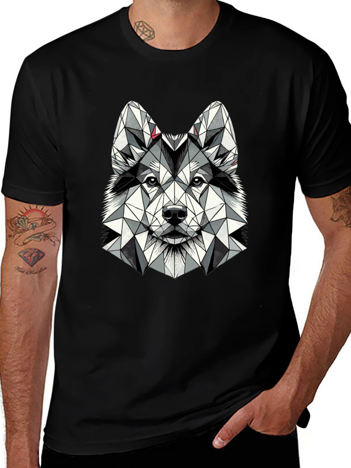 Geometric Husky Graphic Tee - Black Short Sleeve