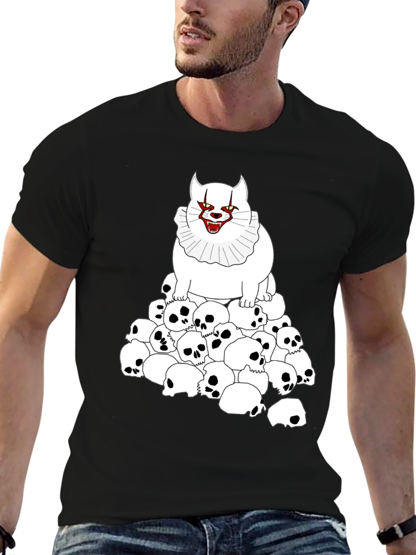Creepy Cat & Skulls Black T-Shirt