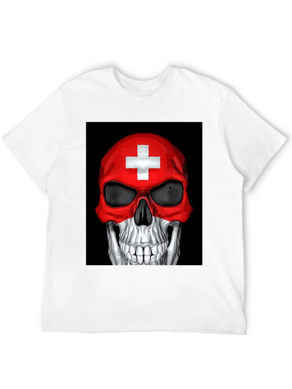 Skull Switzerland Flag Graphic Tee - Black Cotton T-Shirt