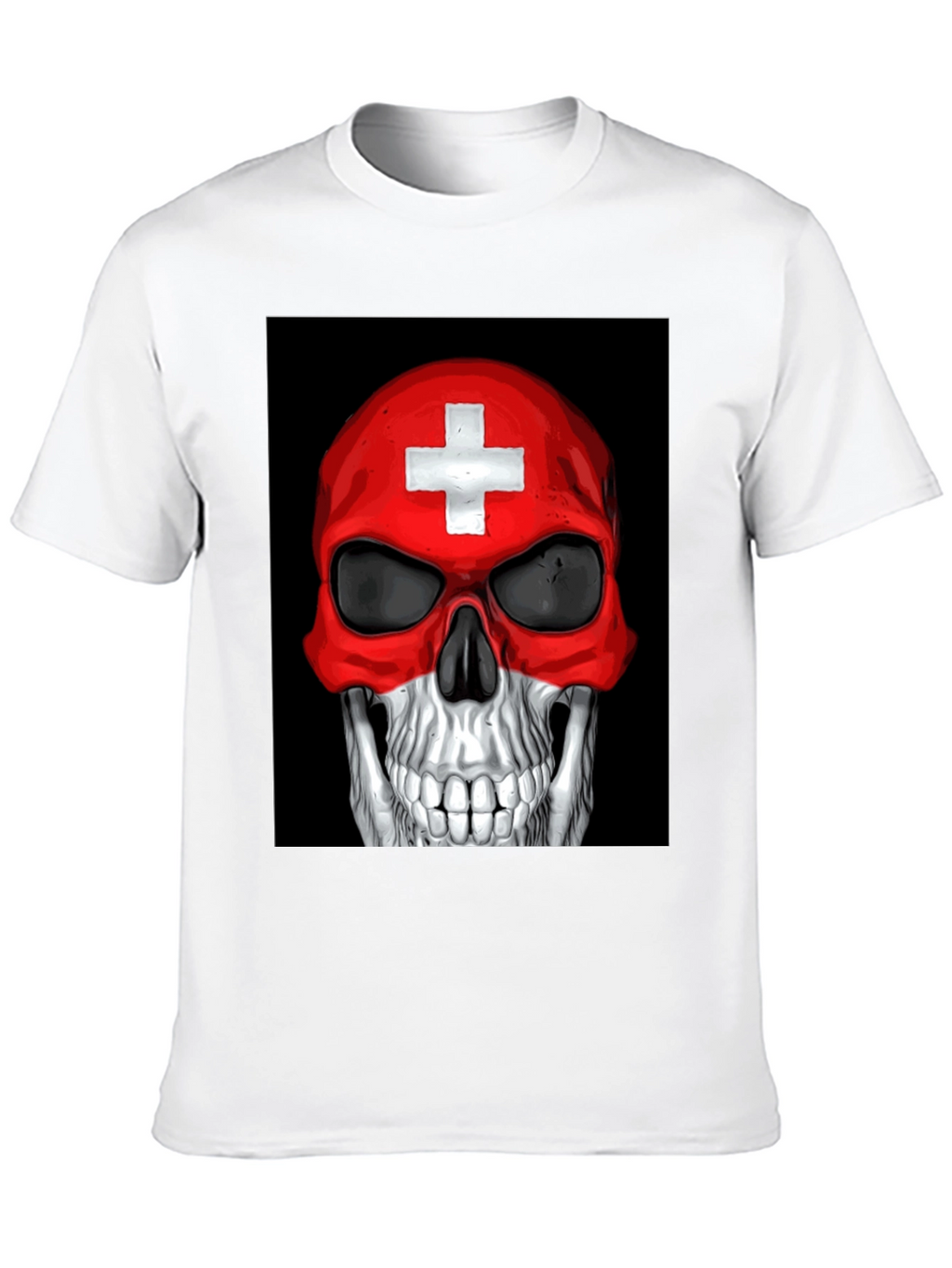 Skull Switzerland Flag Graphic Tee - Black Cotton T-Shirt