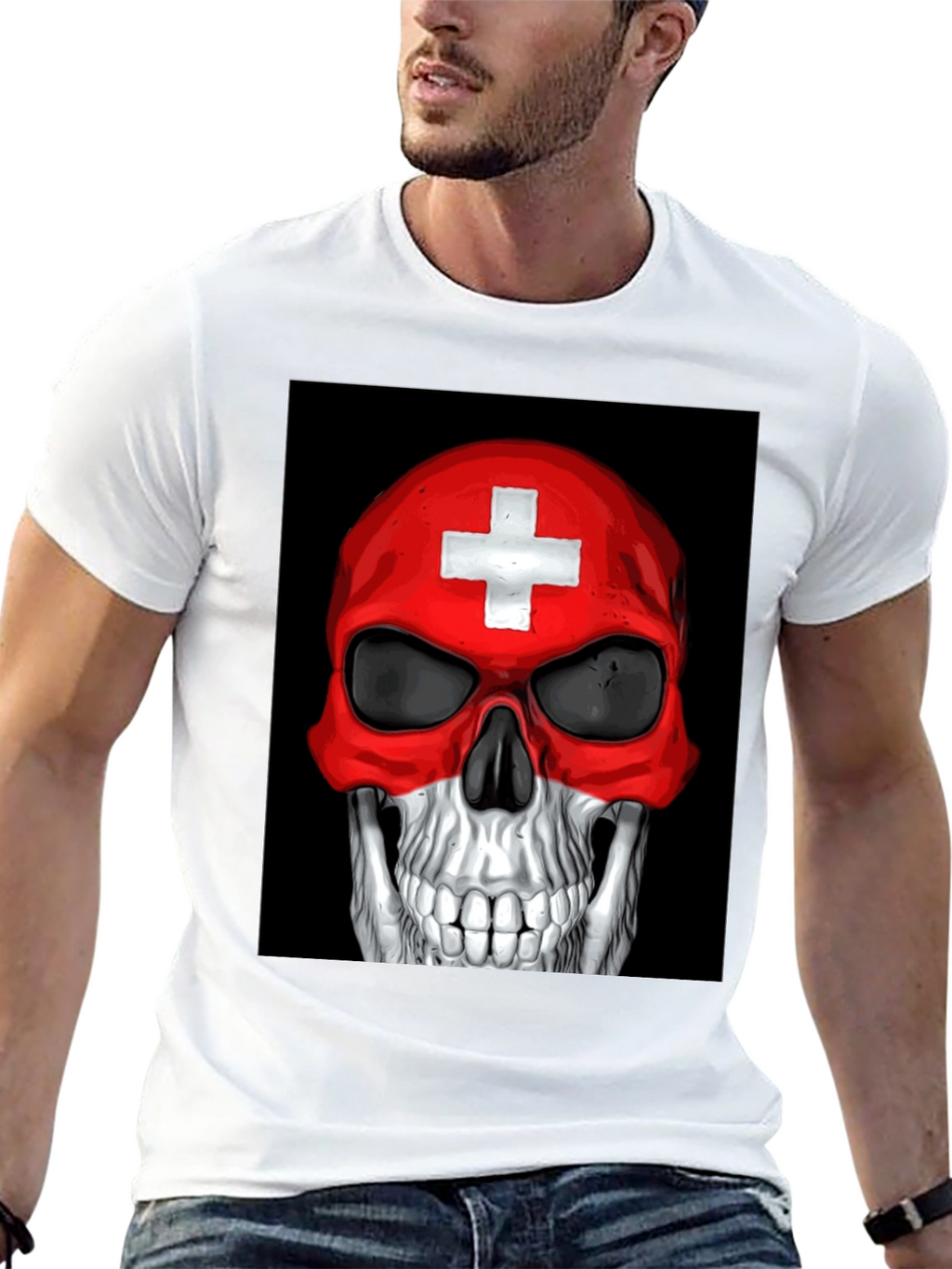 Skull Switzerland Flag Graphic Tee - Black Cotton T-Shirt