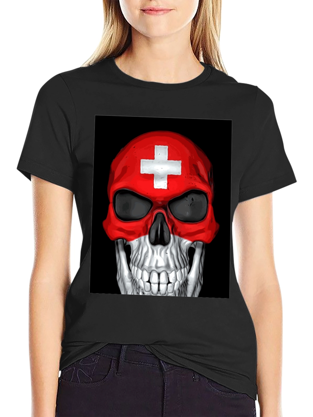 Skull Switzerland Flag Graphic Tee - Black Cotton T-Shirt