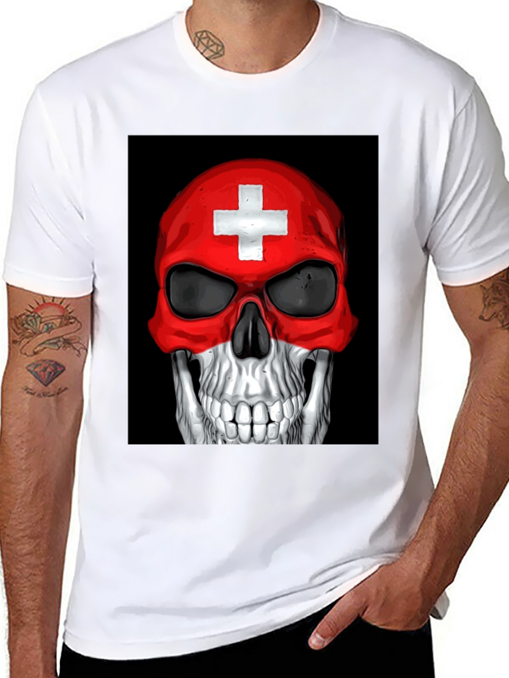 Skull Switzerland Flag Graphic Tee - Black Cotton T-Shirt