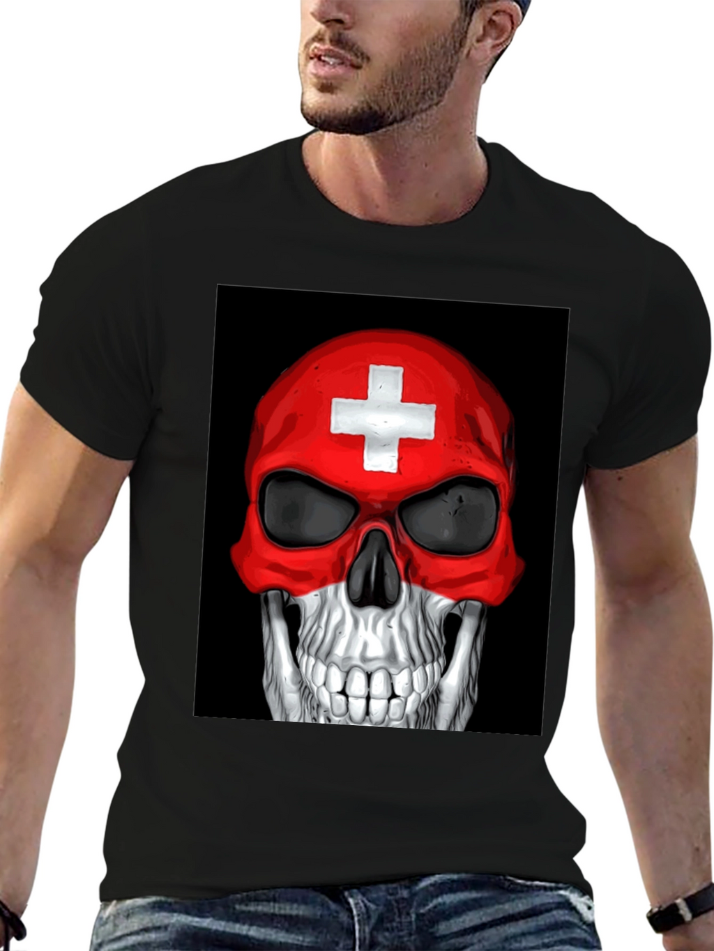 Skull Switzerland Flag Graphic Tee - Black Cotton T-Shirt