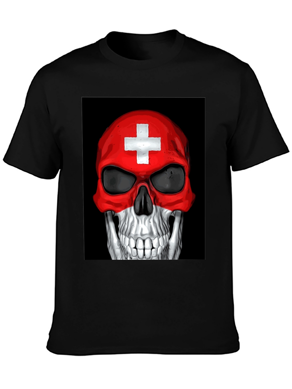 Skull Switzerland Flag Graphic Tee - Black Cotton T-Shirt