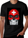 Skull Switzerland Flag Graphic Tee - Black Cotton T-Shirt
