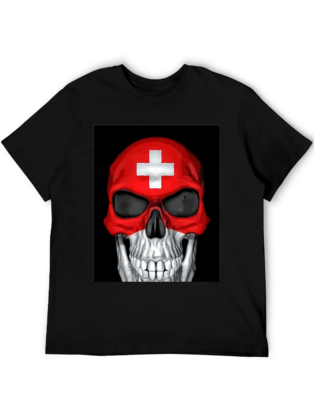 Skull Switzerland Flag Graphic Tee - Black Cotton T-Shirt