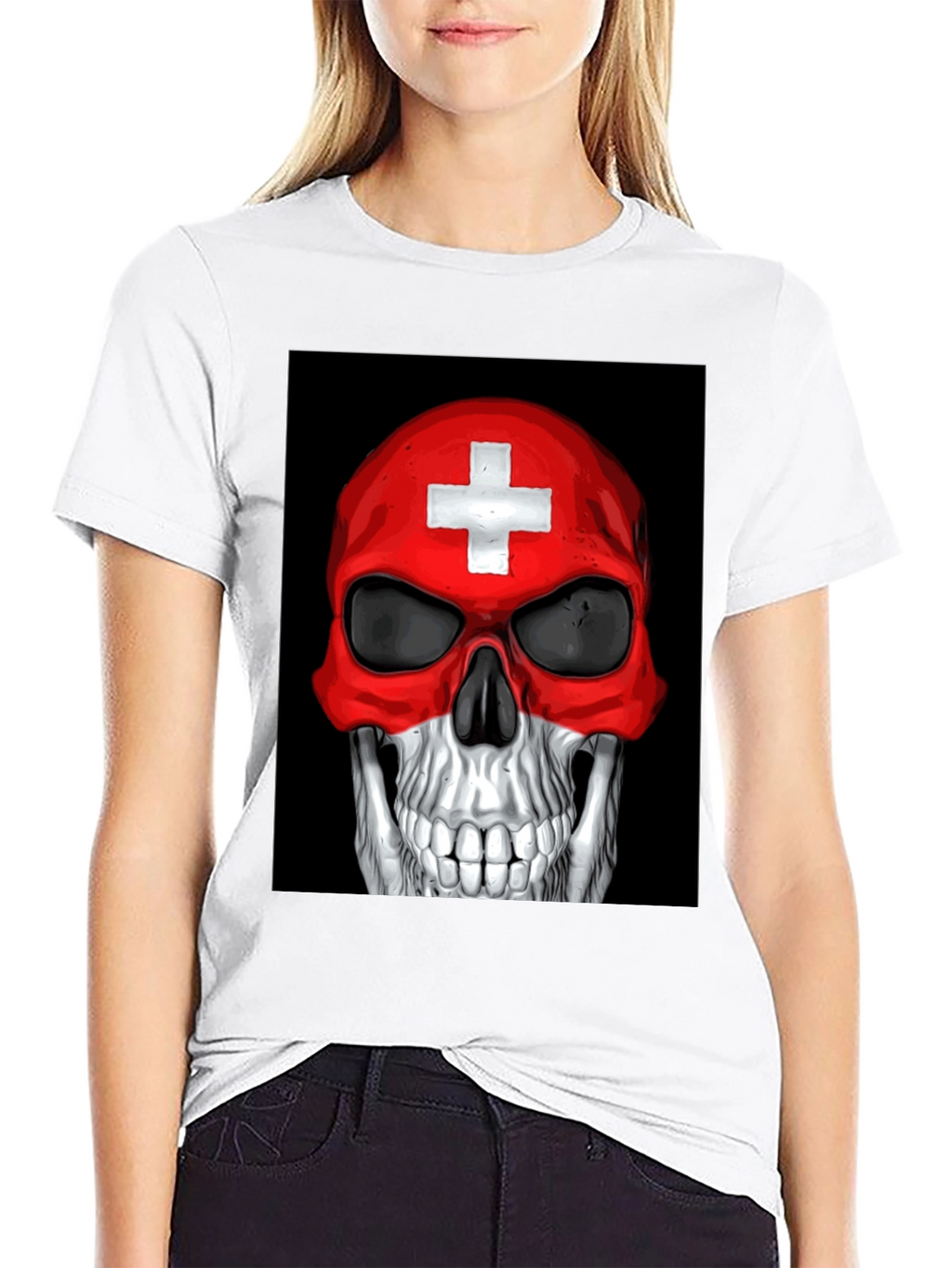 Skull Switzerland Flag Graphic Tee - Black Cotton T-Shirt