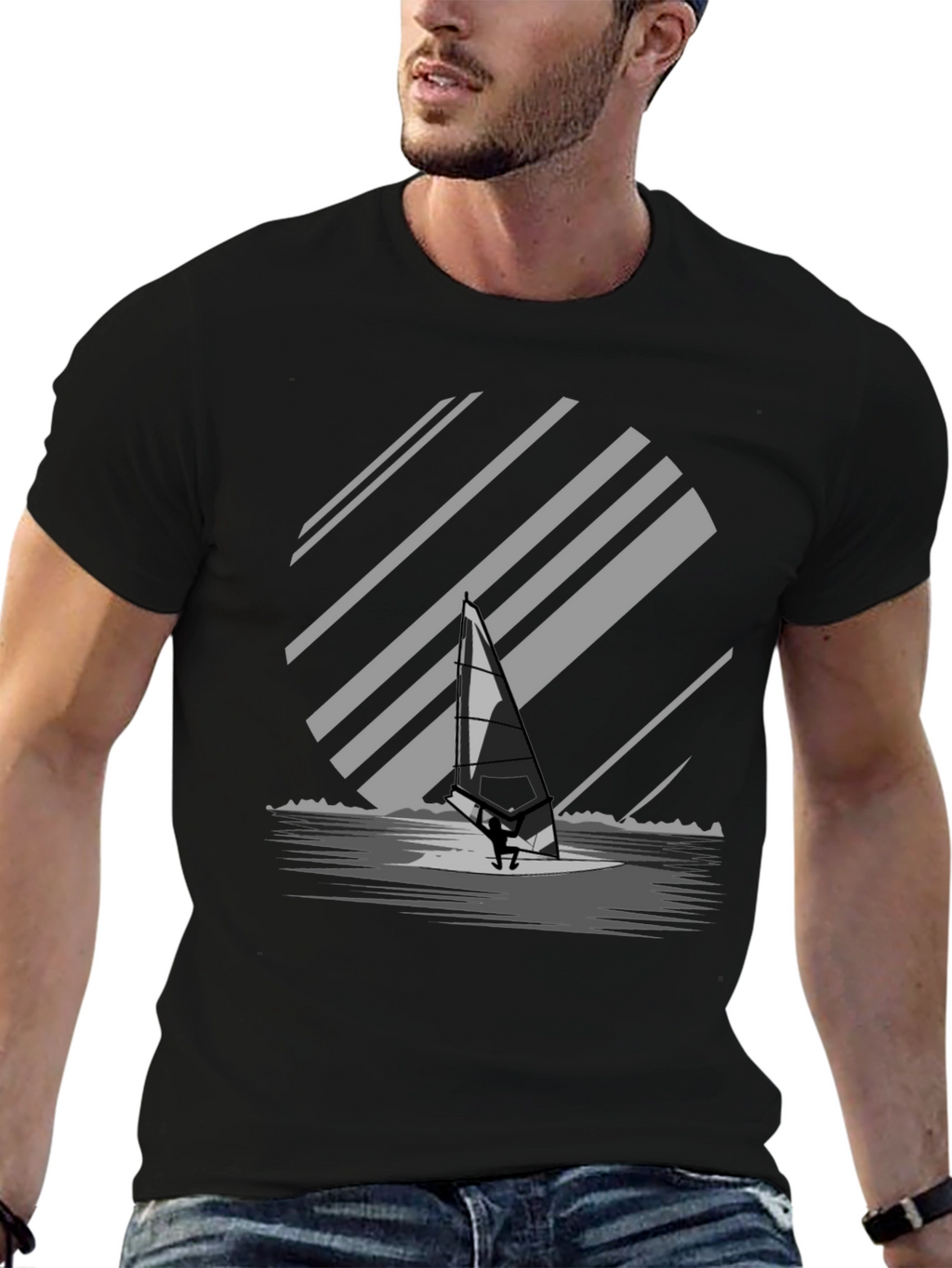 Windsurfer Graphic Tee - Black Cotton Blend T-Shirt