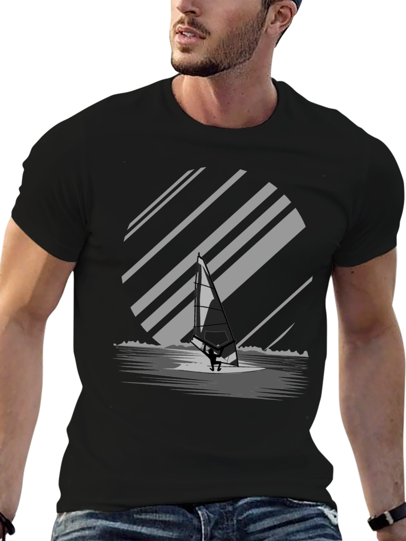 Windsurfer Graphic Tee - Black Cotton Blend T-Shirt