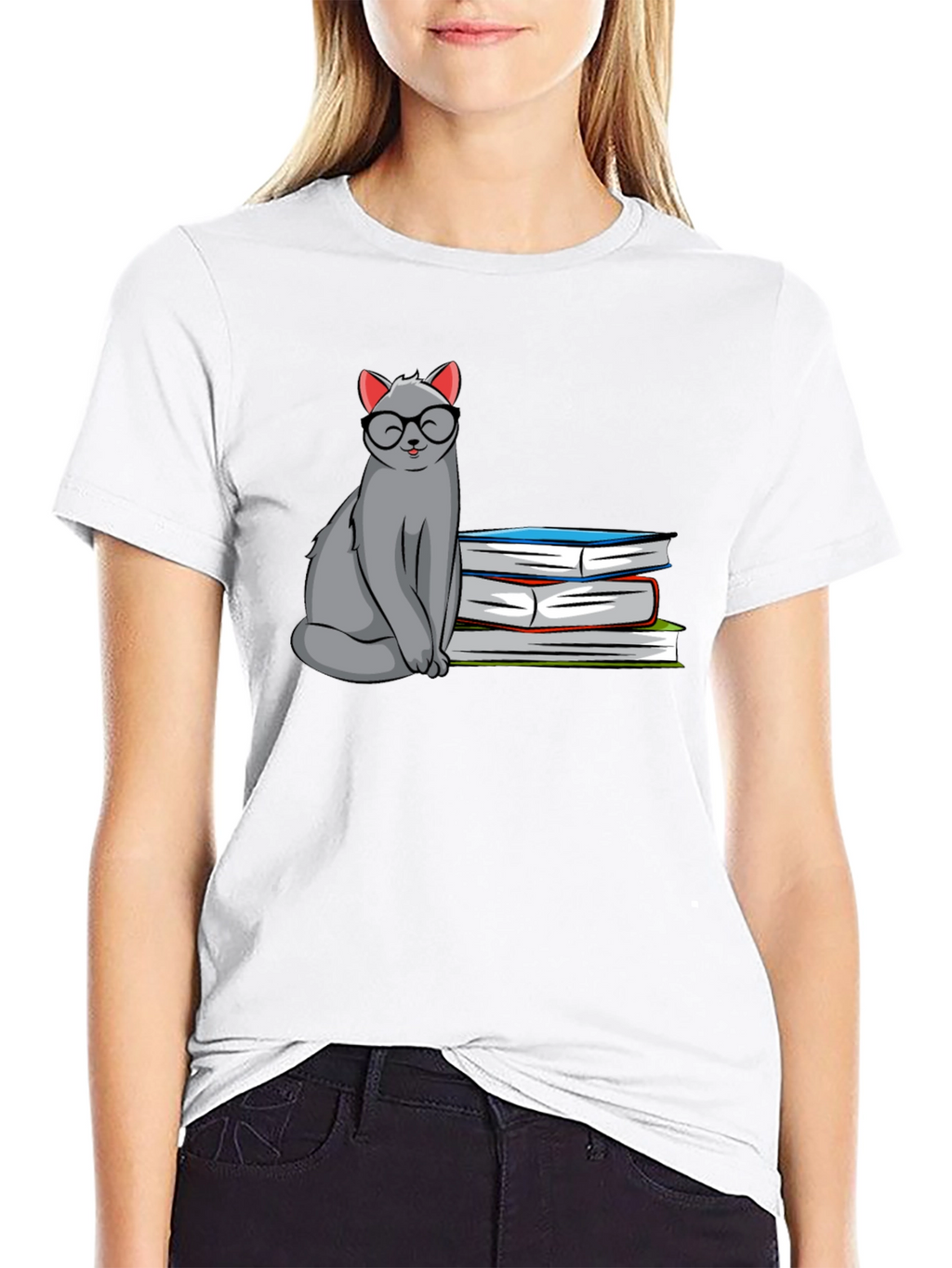 Cat with Glasses & Books Graphic T-Shirt
