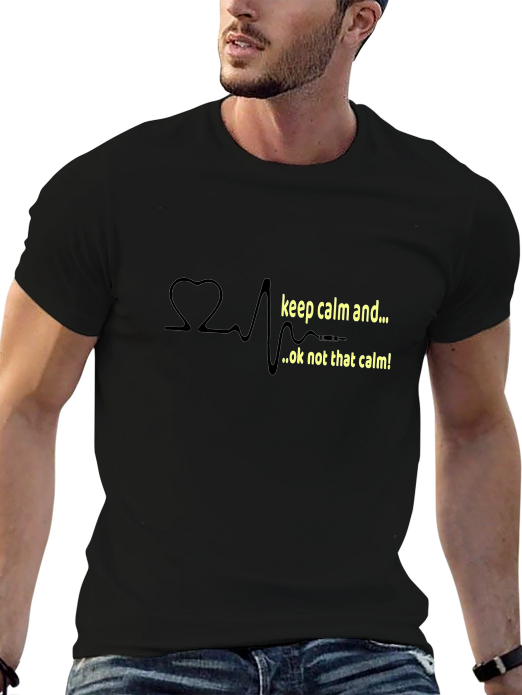 Keep Calm Heartbeat Novelty Black T-Shirt