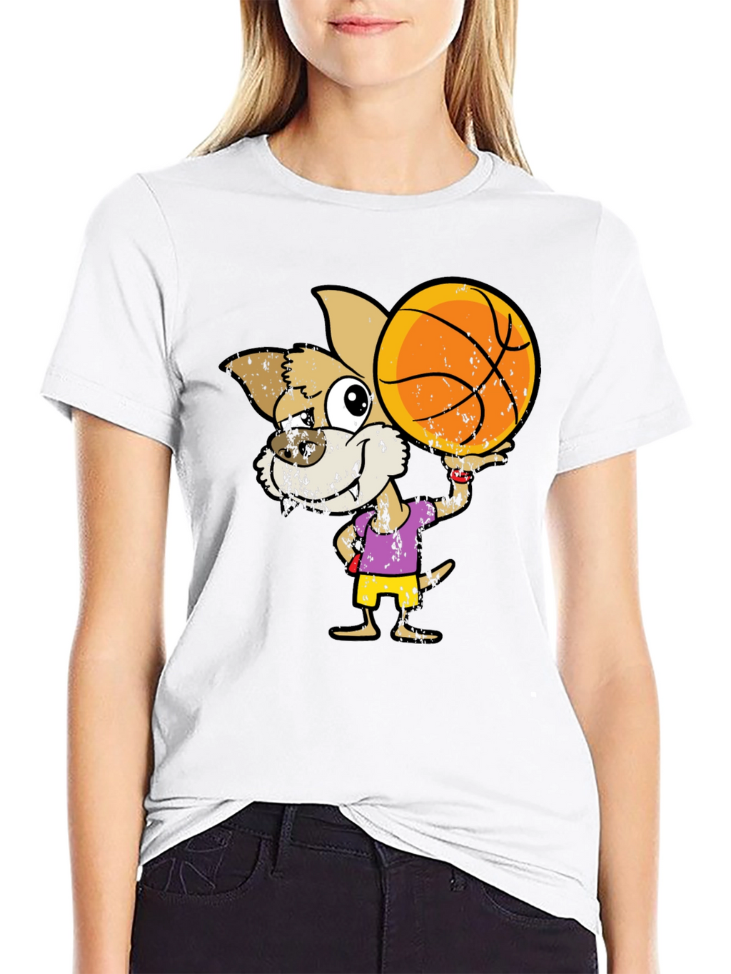 Cartoon Dog Basketball Graphic T-Shirt