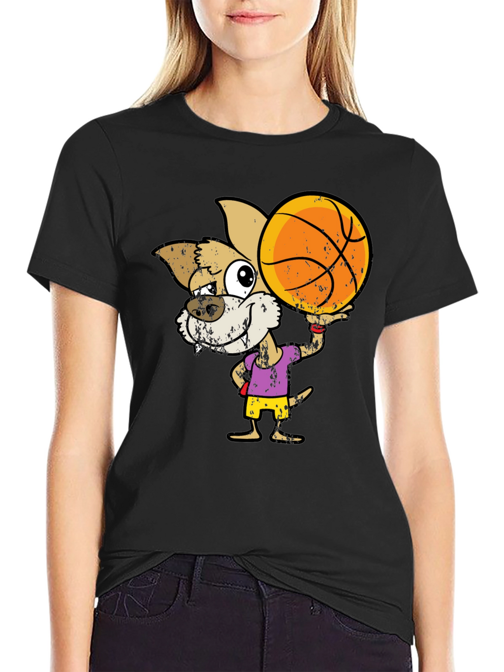 Cartoon Dog Basketball Graphic T-Shirt