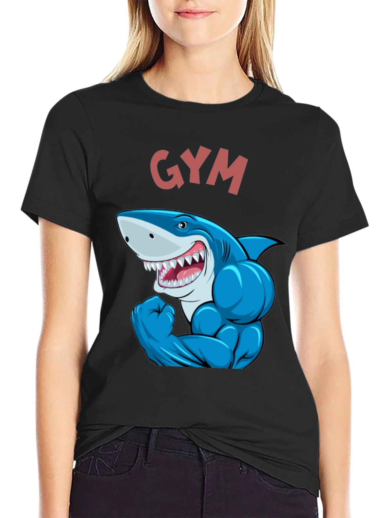 Gym Shark Graphic Tee - Black Cotton Fitness Shirt