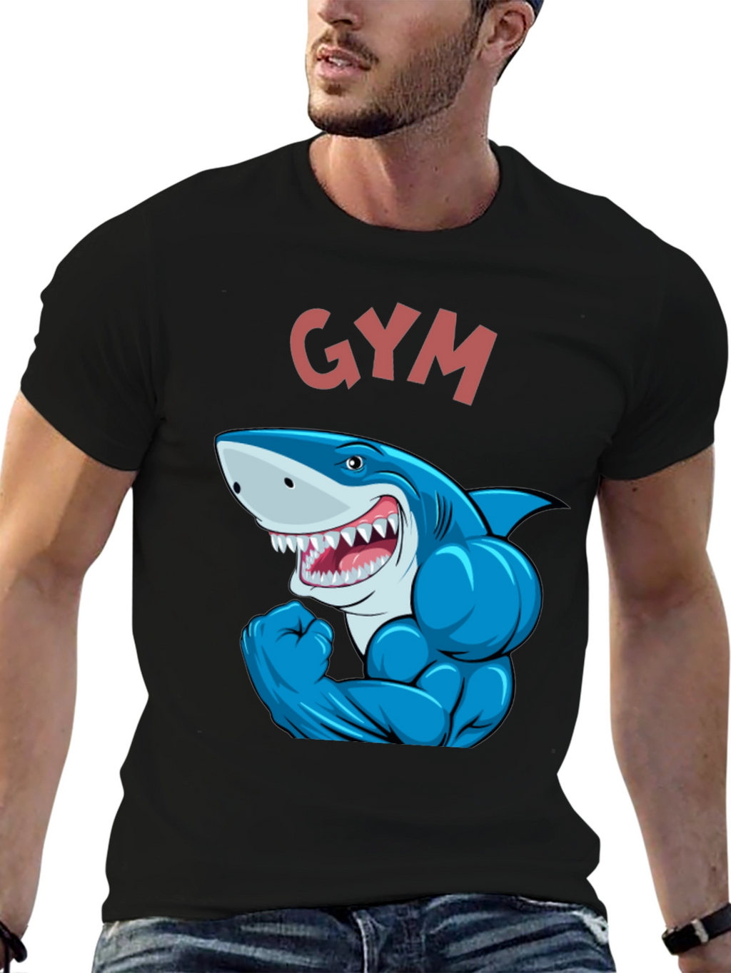 Gym Shark Graphic Tee - Black Cotton Fitness Shirt