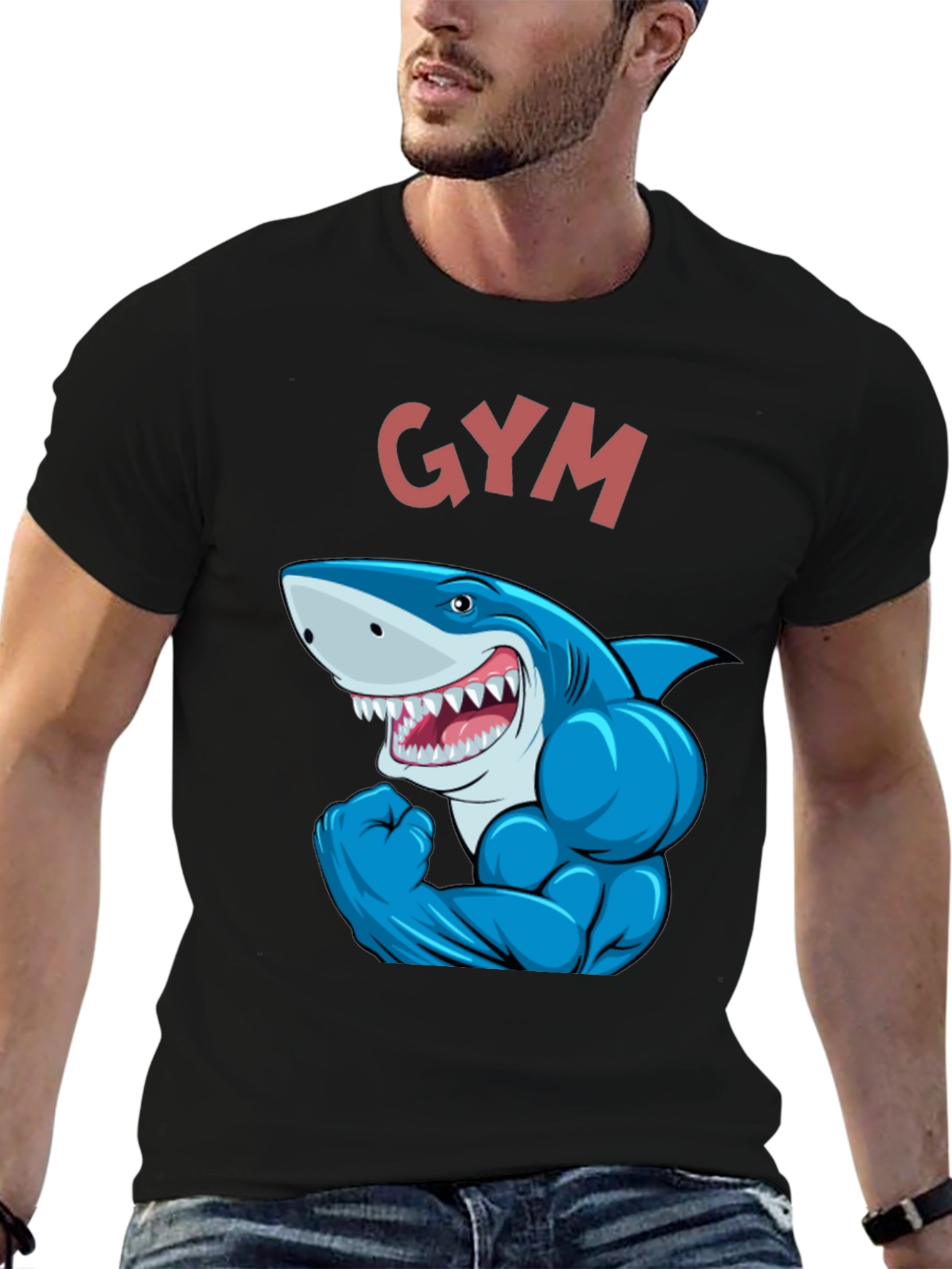 Gym Shark Graphic Tee - Black Cotton Fitness Shirt